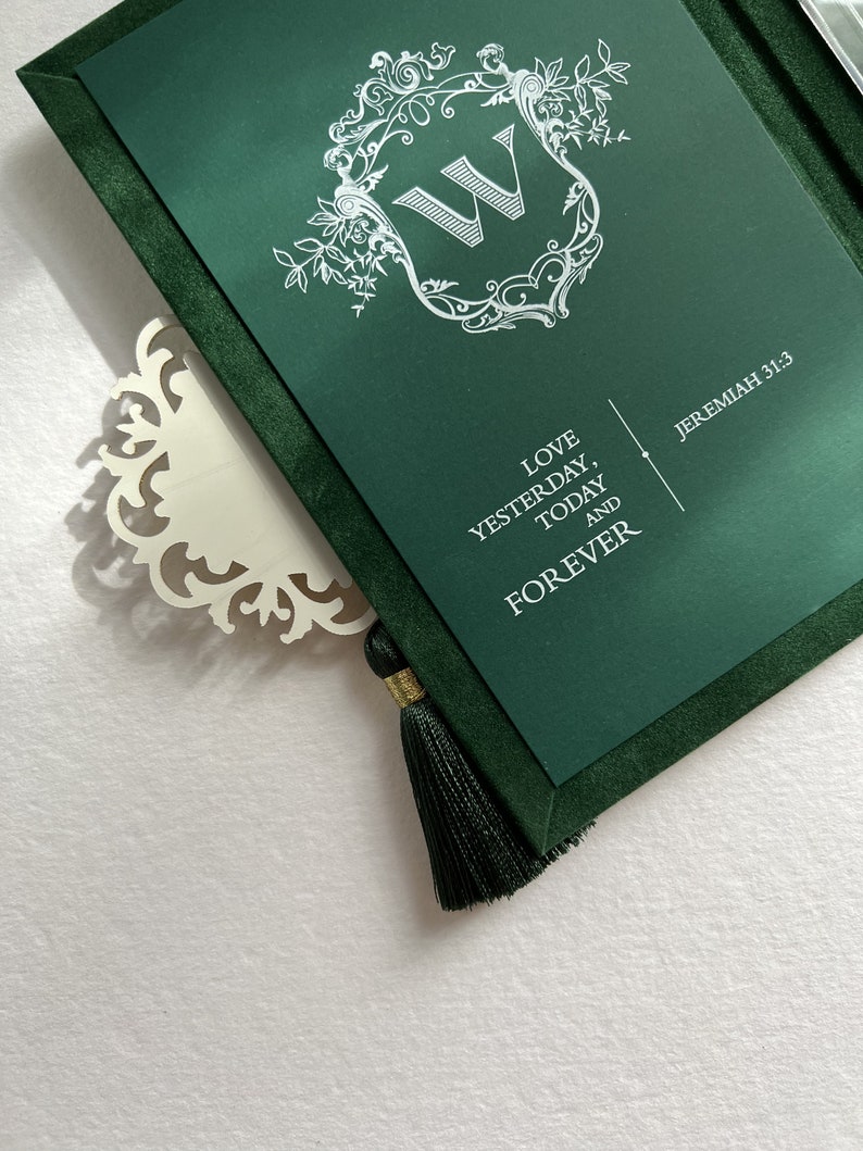 Wedding Invitation Suede Luxury Forest Velvet Envelope and Elegant Acrylic Invitation Green tassel Trifold Booklet Invitation image 4
