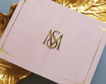 Velvet Acrylic Wedding Invitation | Gold Foil Crest | Custom Invitation Booklet | Trifold Invite Set Card | Pink Luxury Wedding Invitations
