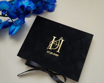 Luxury Wedding Velvet Invitation Box - Gold Acrylic Wedding Invitations in Box and Luxury Tassel - Custom Wedding Monogram - Black Velvet -