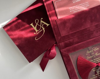 Wedding Invitation Box | Burgundy Velvet | Acrylic Invitation in Velvet Box | Gold Custom Logo Monogram | Maroon Tassel