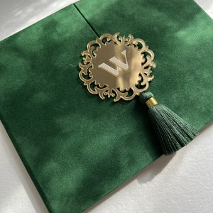 Wedding Invitation Suede Luxury Forest Velvet Envelope and Elegant Acrylic Invitation Green tassel Trifold Booklet Invitation image 2