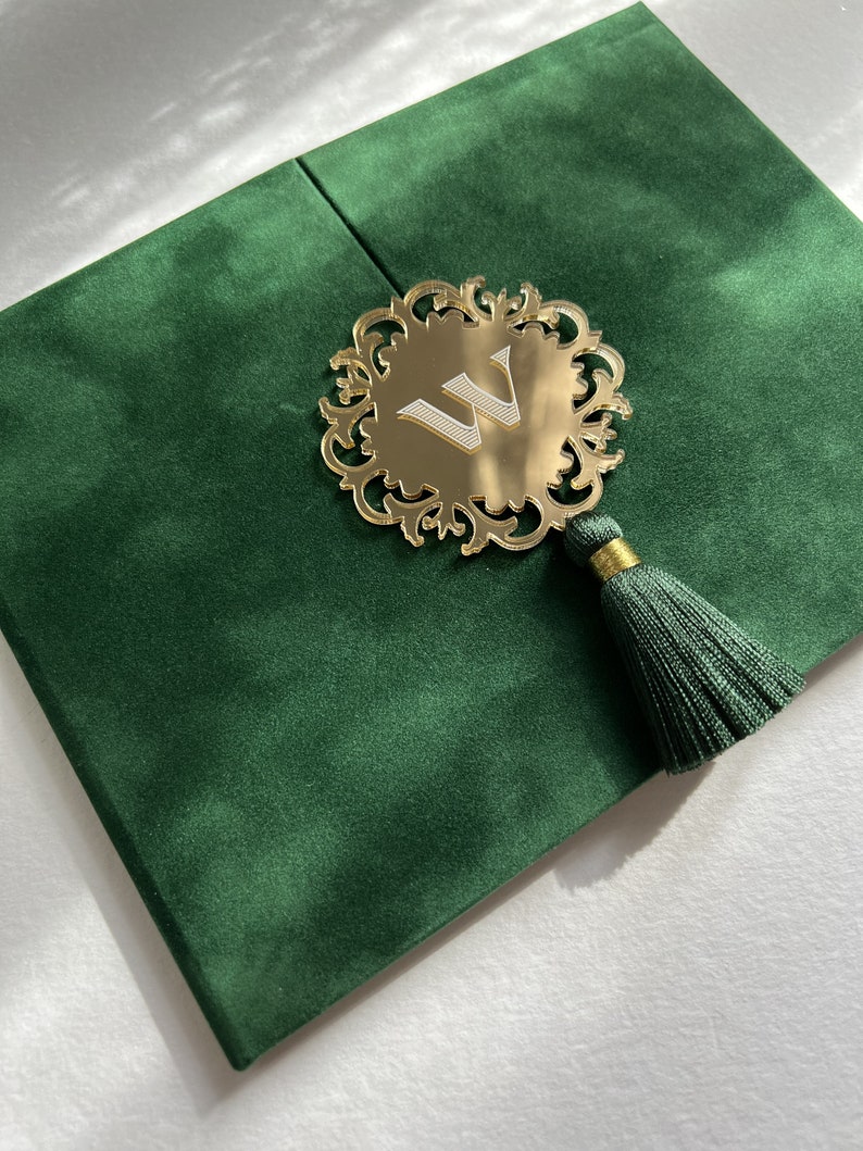 Wedding Invitation Suede Luxury Forest Velvet Envelope and Elegant Acrylic Invitation Green tassel Trifold Booklet Invitation image 2