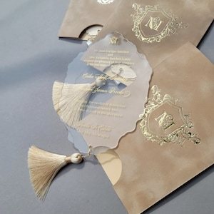 Hochzeitseinladungs-Set | Minimalistischer Samtumschlag | Acryl-Einladung | Brautparty-Einladung | Goldfolienpresse mit RSVP | QR-Code