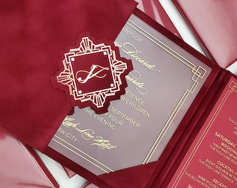 Unique Wedding Invites | Luxury Red Velvet Envelope and Custom Acrylic Invitation | Trifold Booklet Invitation | Bordo Wedding Invitation