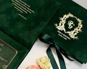 Wedding Invitation Box Suite | Acrylic Wedding Emerald Boxed Invitations Set and Luxury Tassel | Custom Wedding Monogram Gold | Pressed Logo