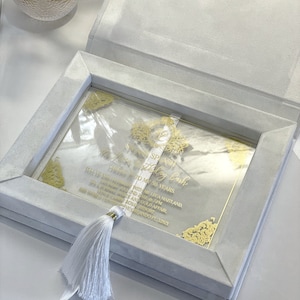 Wedding Invitation Box. Gold Acrylic Invitation in Velvet Box with Tassel. Custom Monogram. Clear Acrylic Invitations, Gold Foil Print