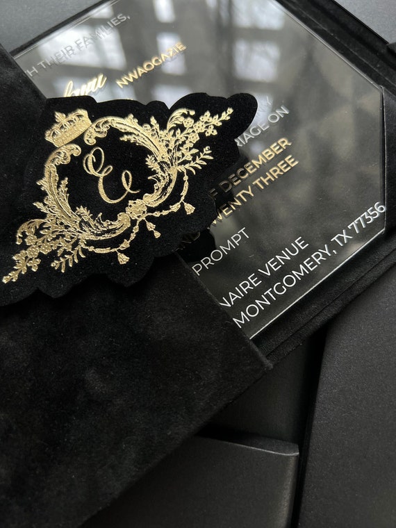 Wedding Invitation Bundle | Luxury Black Velvet Envelope and Elegant Acrylic Invitation | Trifold Booklet Invitation | Reception Invitation