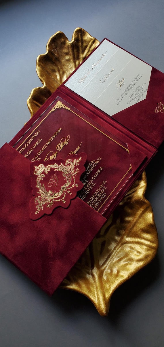 Burgundy Velvet Trifold Wedding Invitation Suite | Acrylic Invite Card with Gold Pressed Monogram | RSVP QR code cards website | Pocket Set
