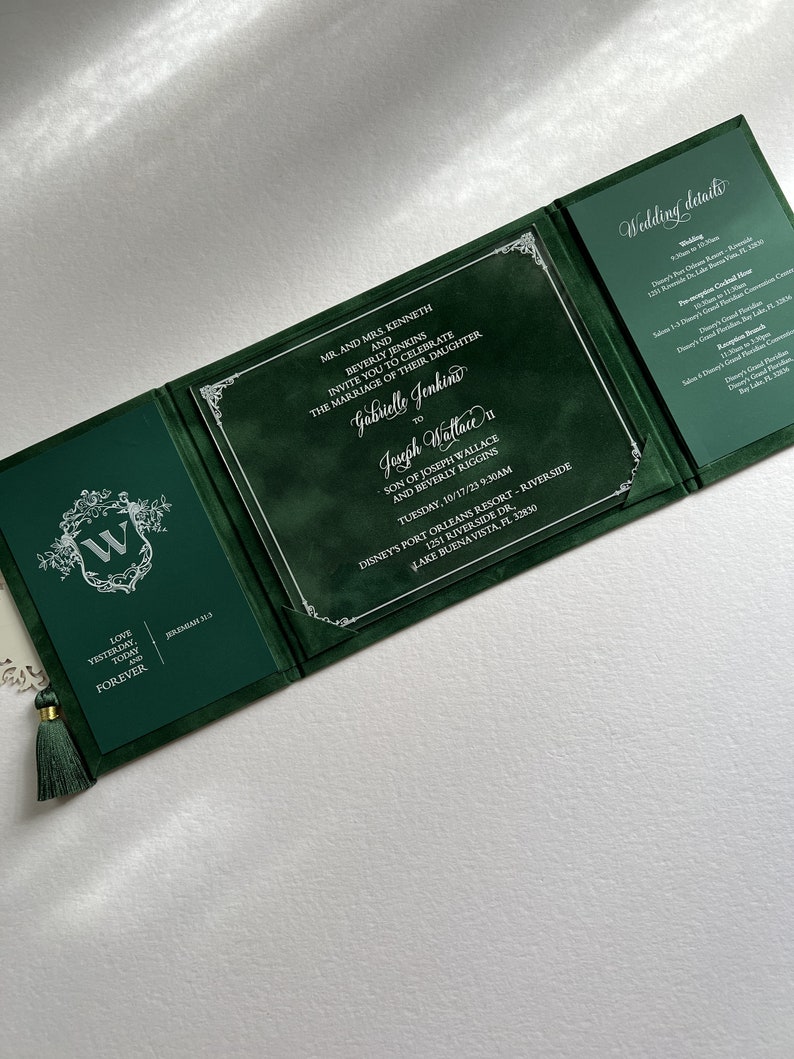 Wedding Invitation Suede Luxury Forest Velvet Envelope and Elegant Acrylic Invitation Green tassel Trifold Booklet Invitation image 5