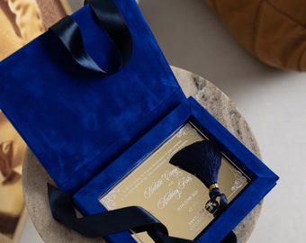 Royal Blue Velvet Wedding Invitations Pocket | Suede Luxury Wedding Invitation Box | Elegant Wedding Card | Gold Mirror Acrylic Art Deco