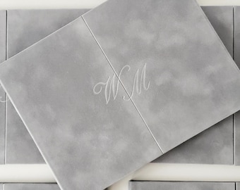 Velvet Pocket Party Invitation Template | Custom Acrylic Trifold Wedding Invitations Set | Luxury Envelope Set | Silver Monogram Logo