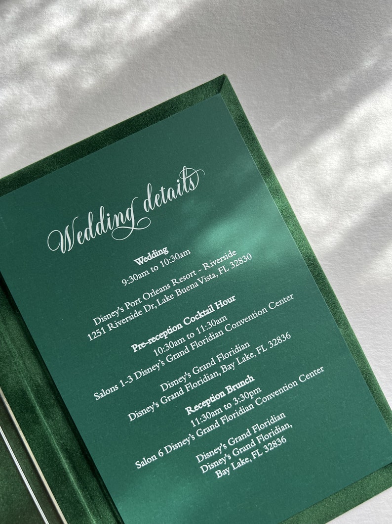 Wedding Invitation Suede Luxury Forest Velvet Envelope and Elegant Acrylic Invitation Green tassel Trifold Booklet Invitation image 3