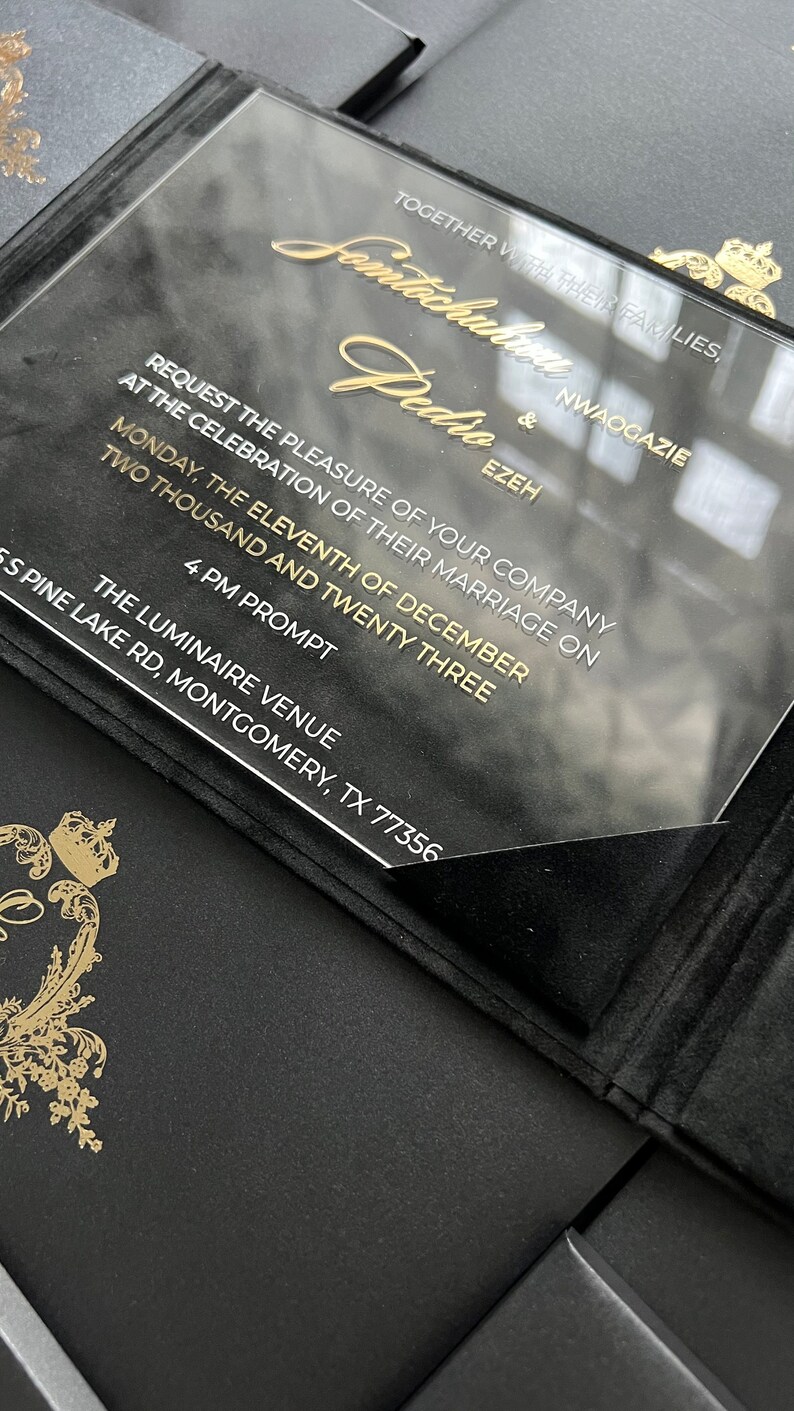 May include: A black and gold wedding invitation with the text "Together with their families, Sontichahve Pedro & Ezeh Nwaogazie Request the pleasure of your company at the celebration of their marriage on Monday, the eleventh of December two thousand and twenty three 4 PM Prompt The Luminaire Venue 5 Pine Lake Rd, Montgomery, TX 77356"