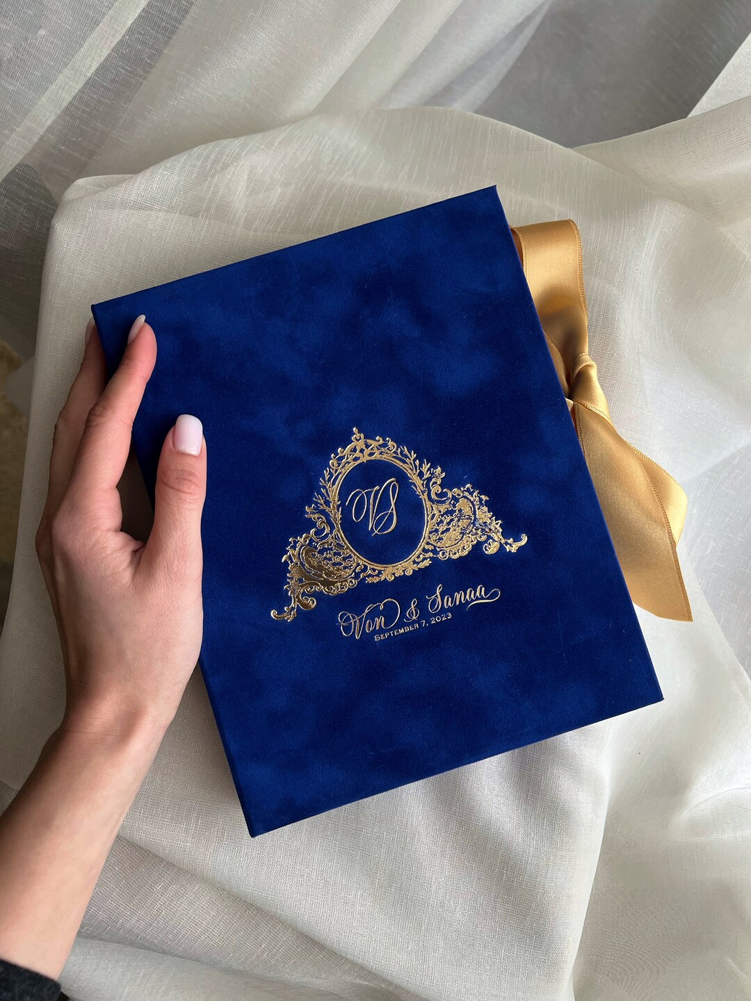 Blue Indigo Wedding Invitation Box With Flowers Acrylic Invitation in