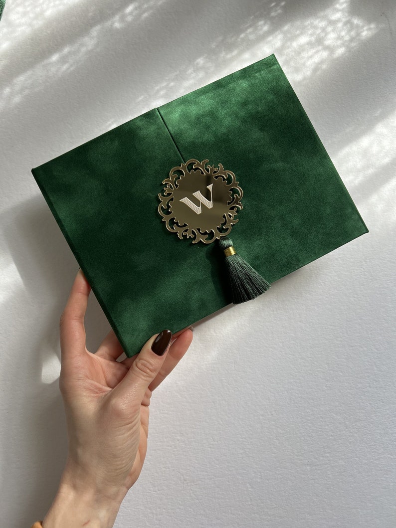 Wedding Invitation Suede Luxury Forest Velvet Envelope and Elegant Acrylic Invitation Green tassel Trifold Booklet Invitation image 1