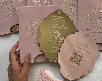 Luxury Gold Acrylic Velvet Suede QR code | Minimalist Wedding Set Invitation | Birthday Baptism Quinceanera Babyshower Invitation Velor