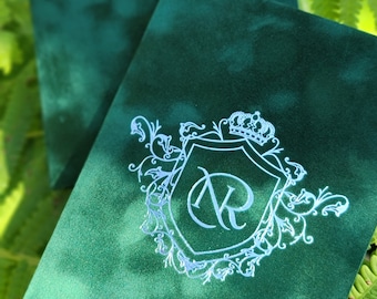 Envelope with monogram only | Wedding Invitation Envelope | Luxury Green Velvet Envelope | Gold or Silver Foil Print
