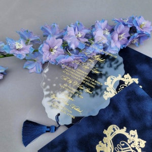 Luxury Wedding Invitation | Navy Blue Velvet | Acrylic Invitation in Velvet Envelope with Blue Tassel | Gold Custom Wedding Monogram