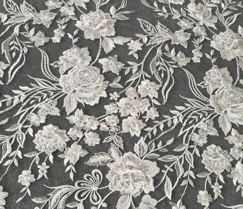 Delicate Embroider Flower lace Fabric with Sequined Detailing Floral Gauze for Bridal Gown Wedding Dress 55 inches Width Sold by yard