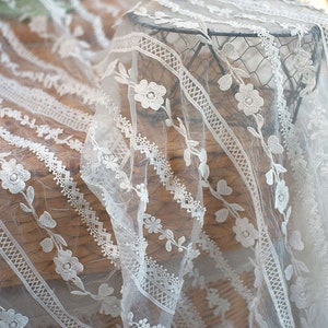 White  Flower Lace Fabric by  yard Embroidery Floral Vine Lace Tulle Fabric for Bridal Dress 51 inches Width
