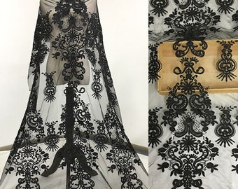 Vintage Bordado Patrón encaje Tela cortada a medida Negro Encaje Floral Tela para Vestido de Noche 61 pulgadas Ancho