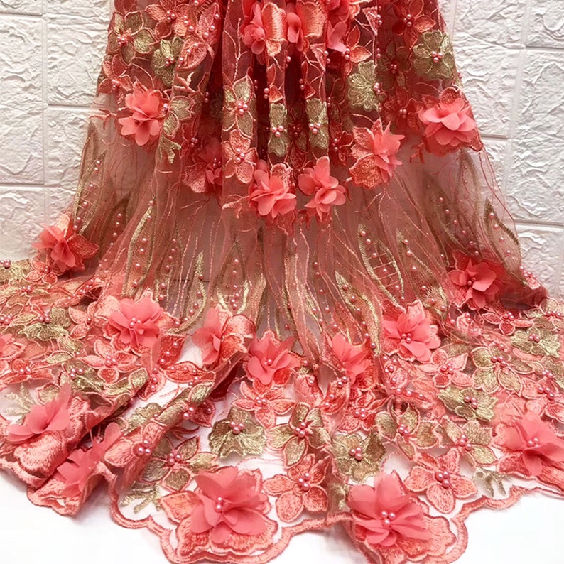 Beaded Blossom Lace Embroidery 3D Flower Lace Mesh Stunning Pearl Beads Fabrics for Prom Dresses 51 inches Width Sold by 5 yards