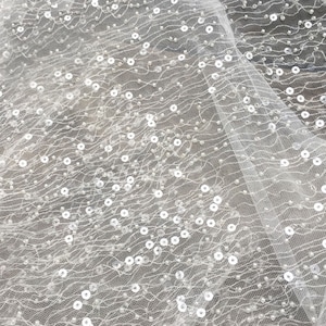 Beaded Sequined lace Fabric Transparent paillette Lace Mesh for Bridal Dress Masquerade Ballgown 51 inches Width