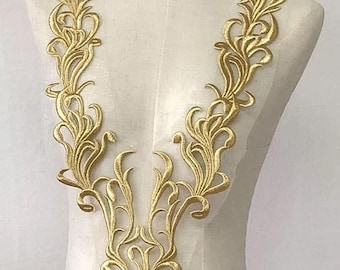 Golden Lace Applique V Neck Collar Patch for Neckline  Antique  Costumes