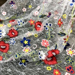 Multi-Color Floral Fabric - Red/Yellow/Blue - Floral Design Embroidery Lace Fabric By Yard main image 0