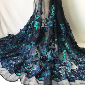 Navy and Green Butterfly Lace Fabric  by yard Black Lace Mesh Tulle for Prom Dress Costumes 57 inches Width