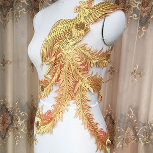 Gold  Phoenix Applique Sparkling 5 Tails Phoenix Patch Sequins  Embroidery Motives for Party Costumes