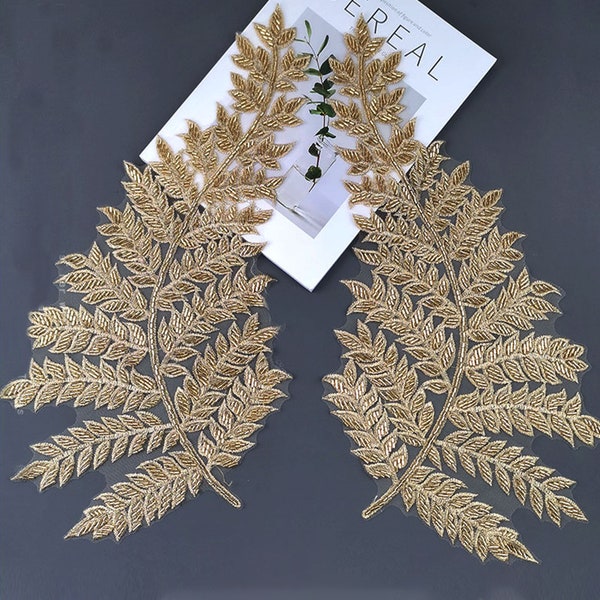 Dark  Gold Leaf Embroidery Beads Leaf Applique Old fashion Mesh Patch for Party Dress Costumes