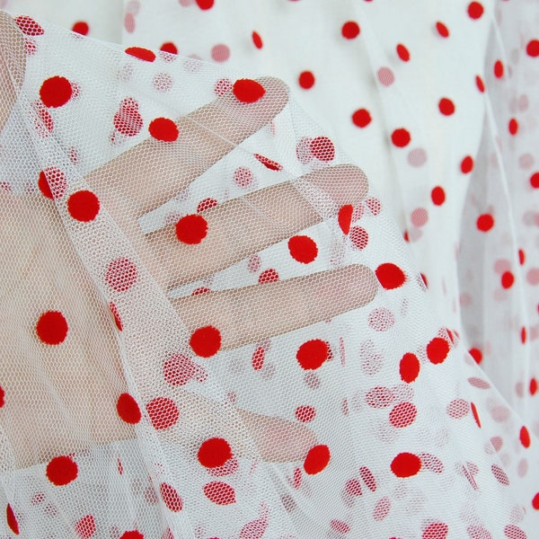 Red Dotted Lace Fabric by yard  Flocking Print  Dot  Lace Tulle for Party Costumes Dress  59 inches Width
