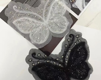 Beads Butterfly Applique Sparkling Rhinestone Butterfly Lace Patch for Costumes,Shirts