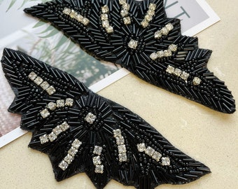 2pcs Black Beads Wing Applique Clear Crystal Wing Shape Patch  for Decorating