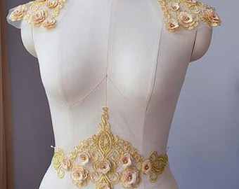 Applique de luxe en or Golden Beaded Fleur Broderie Cordée Patch Floral Set pour Costumes de danse Robe de mariée