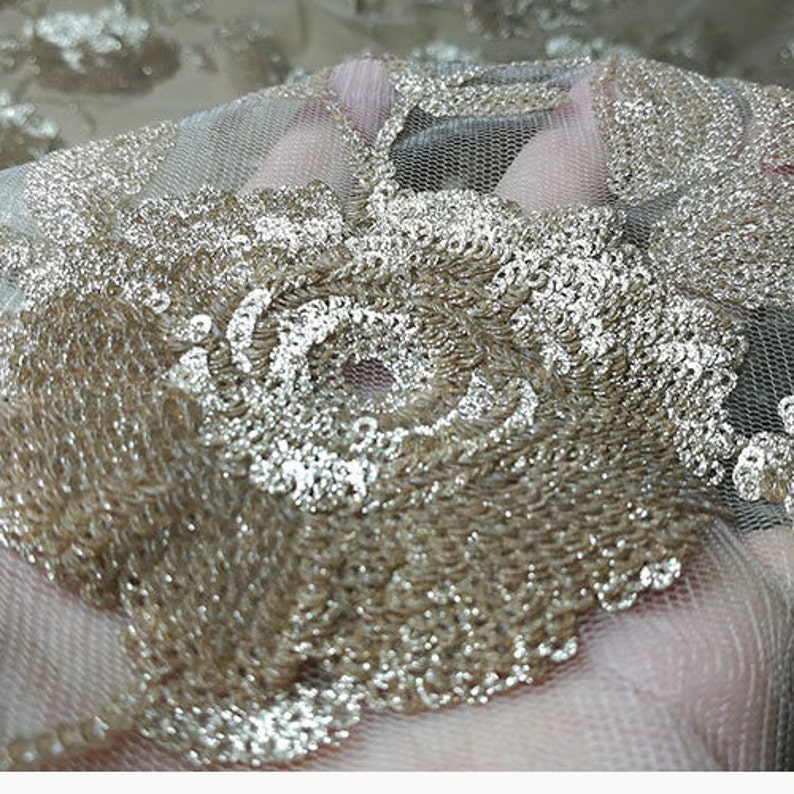 Bling Golden Sequins lace Mesh Blossom Flower Fall Lace Mesh Gauze for Wedding Gown Evening Dresses 51 inches Width Sold by yard