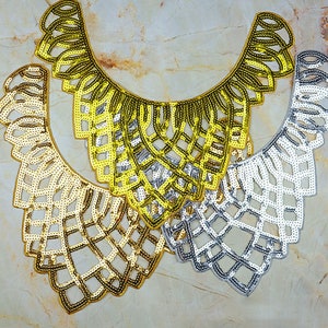 Iron on Collar Applique  Shiny Sequined Neckline Applique for Shirts ,Costumes  Sold by 2 pcs