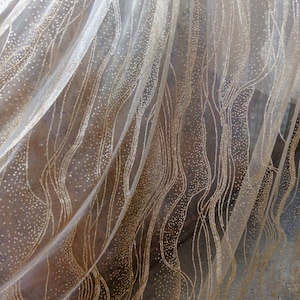 Champagne Gold Glittering fabric by yard Shiny Wave Lace Fabric Mesh for Wedding Dress  Bridal Gown  65 inches Width