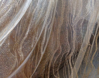 Tela brillante color dorado champán cortada a medida, tela de encaje ondulado brillante de malla para vestido de novia, vestido de novia de 65 pulgadas de ancho