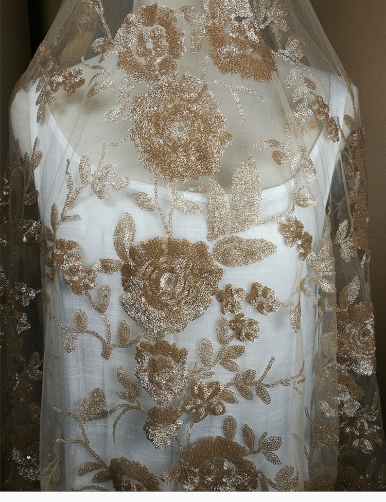 Bling Golden Sequins lace Mesh Blossom Flower Fall Lace Mesh Gauze for Wedding Gown Evening Dresses 51 inches Width Sold by yard