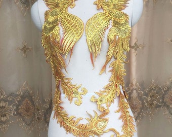 Golden Phoenix Applique Sparkling Flying Bird Patch Vintage Sequins  Embroidery Phoenix  for Party Costumes