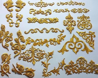 Aplique dourado antigo bordado dourado aplique de ferro para vestido, camisas, fantasias, artesanato vendido em 2 pacotes