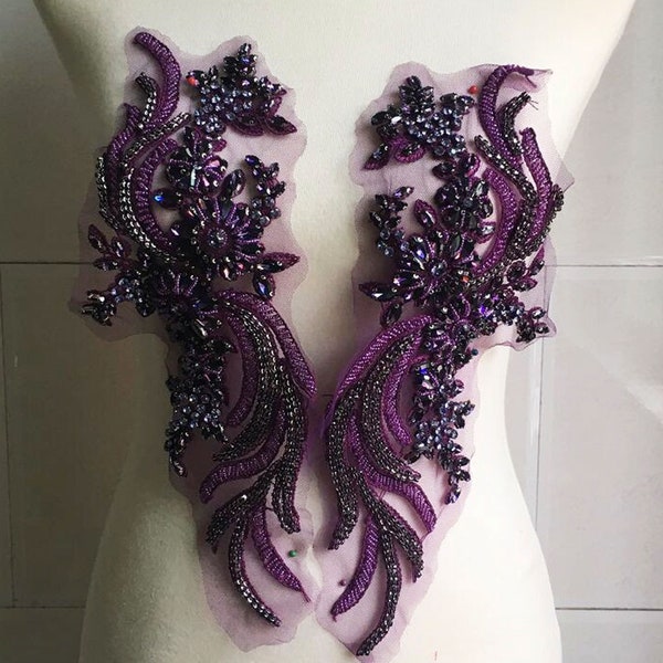 Deep Purple Rhinestone Applique 1 Pairs Crystal Patch Sparkling Dress Cloth Bling  Party Accessories