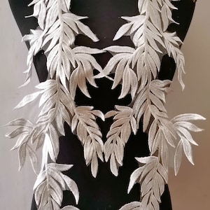 White Leaf  Applique Mirror Pair Embroidery Leaf  Lace Patch  for Dance Costume, Bodice, Lingerie