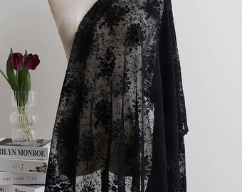 Tela de encaje negro cortada a medida encaje de flores bordado negro para vestido, diseño de camisas 47 pulgadas de ancho