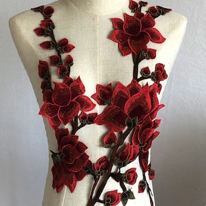 Magnolia Flower Applique Burgundy Flower Bud  Embroidery Patch  Party Prom Costumes Craft Accessory