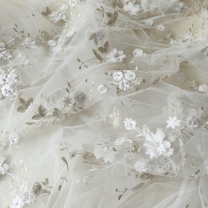 Reliëf chiffon bloem kant stof op maat gesneden Borduur bloemen kant mesh voor galajurk trouwjurk 59 inch breed
