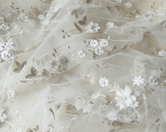 Embossed Chiffon Flower Lace Fabric by yard Embroider Floral Lace Mesh for Prom Dress Wedding Gown 59 inches Width