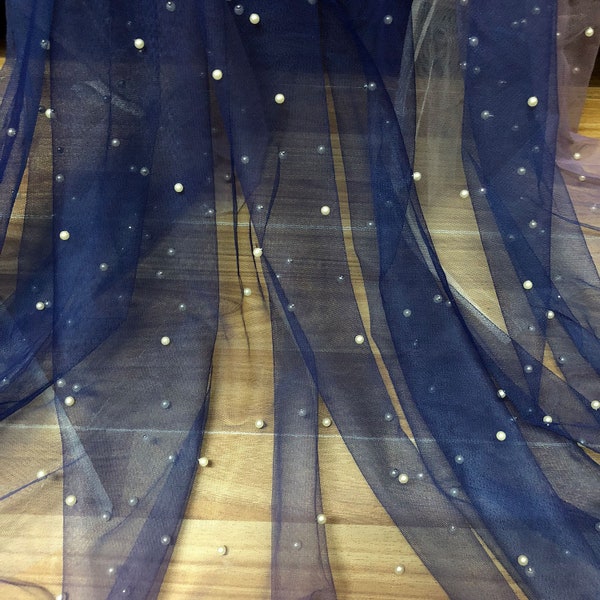 Shade of Dark Blue Lace Fabric by yard Pearl Lace Beaded Fabric  for Evening Gown  Prom Dress 59 inches Width